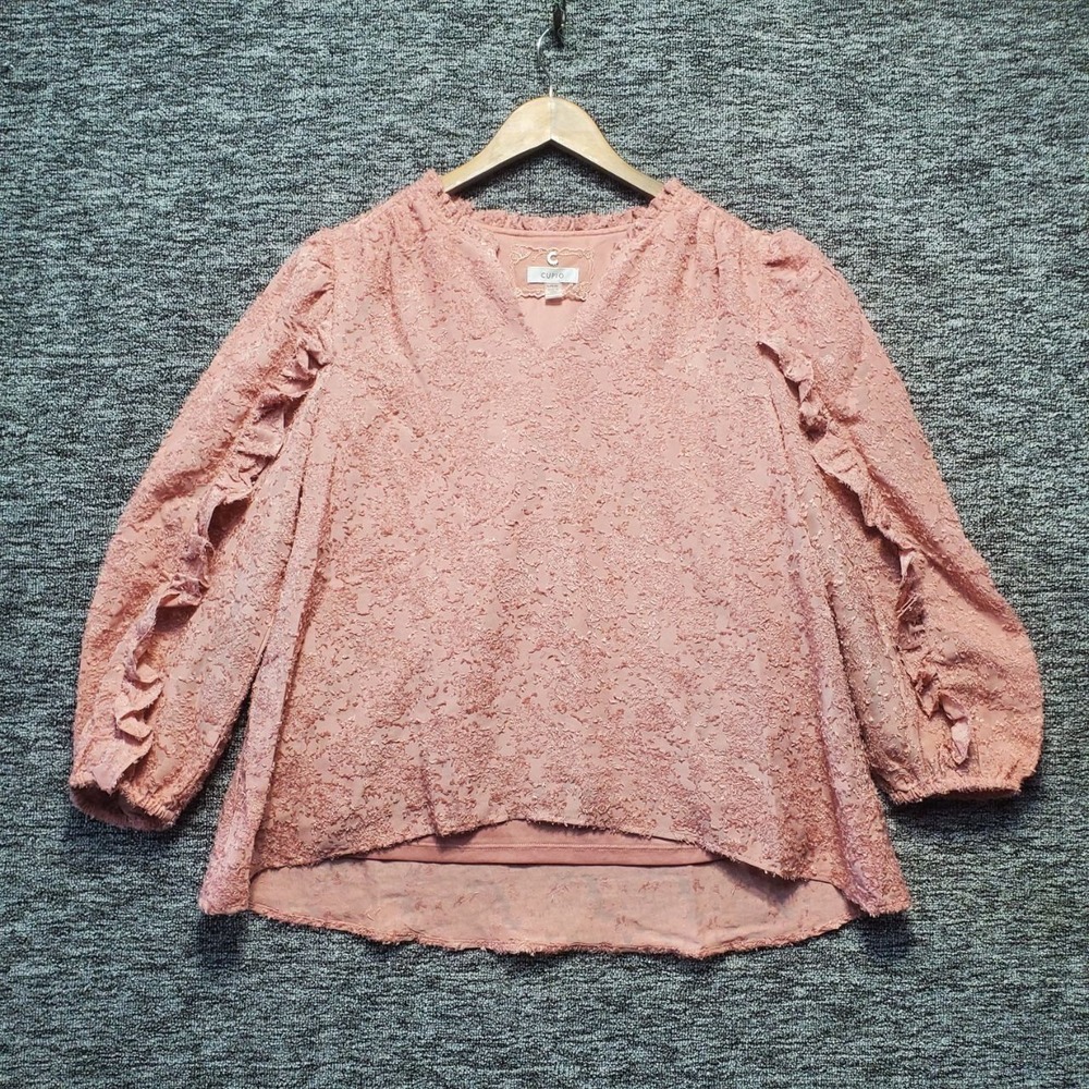 Cupio Romantic Boho Textured Knit Top Women Large Rose Pink Ruffle Trim Coquette